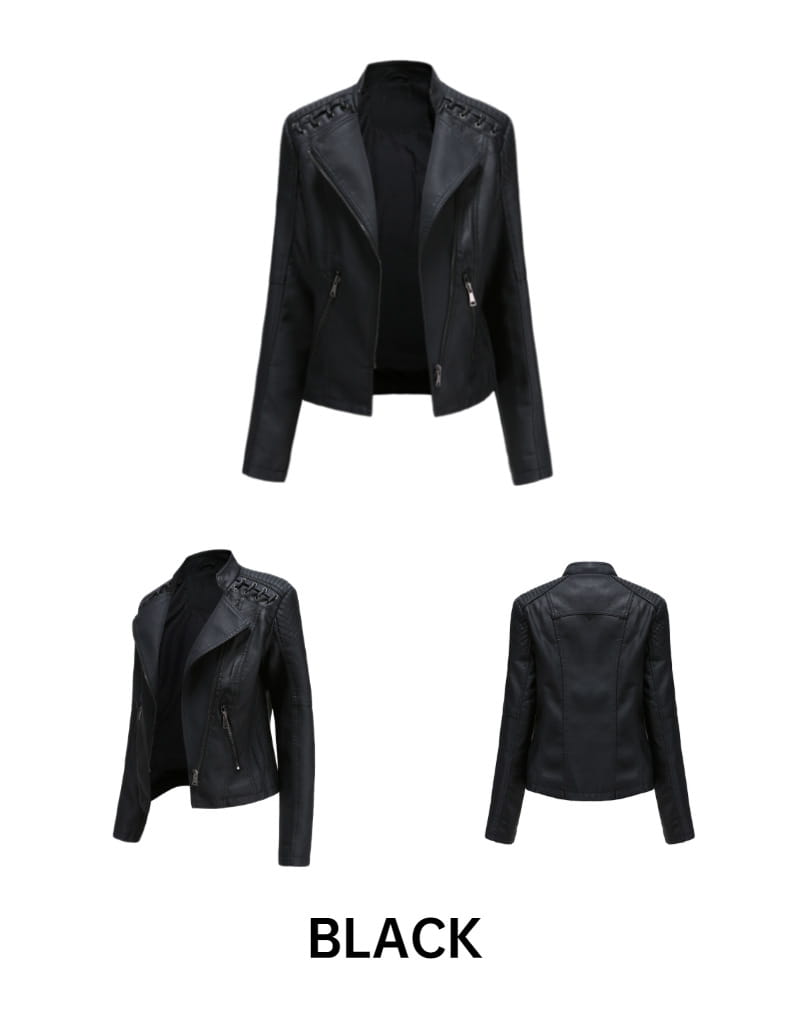 Schwarze Faux-Leder-Motorradjacke im Slim Fit für Damen mit dekorativen Ziernähten entlang der Schultern.