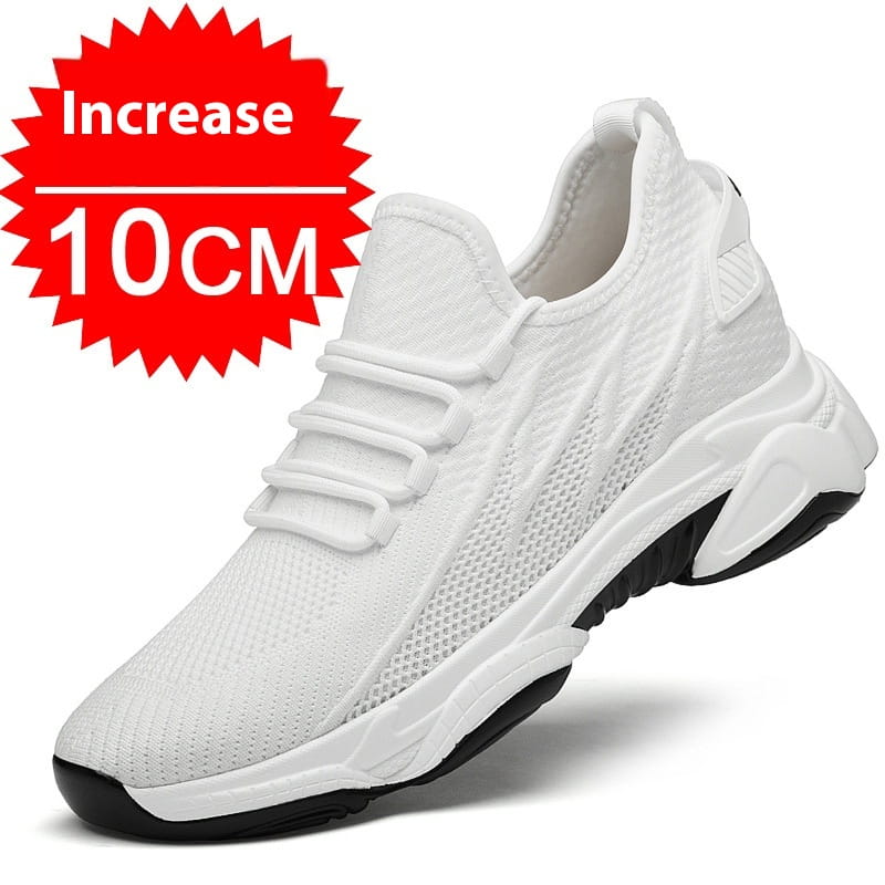 Men’s air cushion running shoes chunky sneakers featuring a white knit upper with a chunky white sole and black rubber outsole with an elastic lacing system.