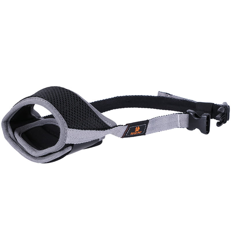 Black and gray mesh dog muzzle with adjustable strap and plastic buckle for large dogs visible from the back side