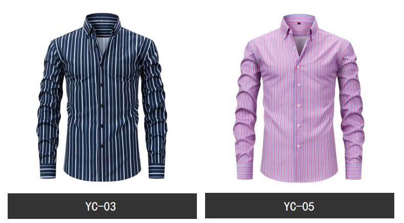 Dos camisas de vestir abotonadas de manga larga a rayas para hombre: una con rayas verticales blanco y azul marino, etiquetada como yc-03, y otra en rosa claro con finas rayas rojas tipo pinstripe, etiquetada como yc-05.