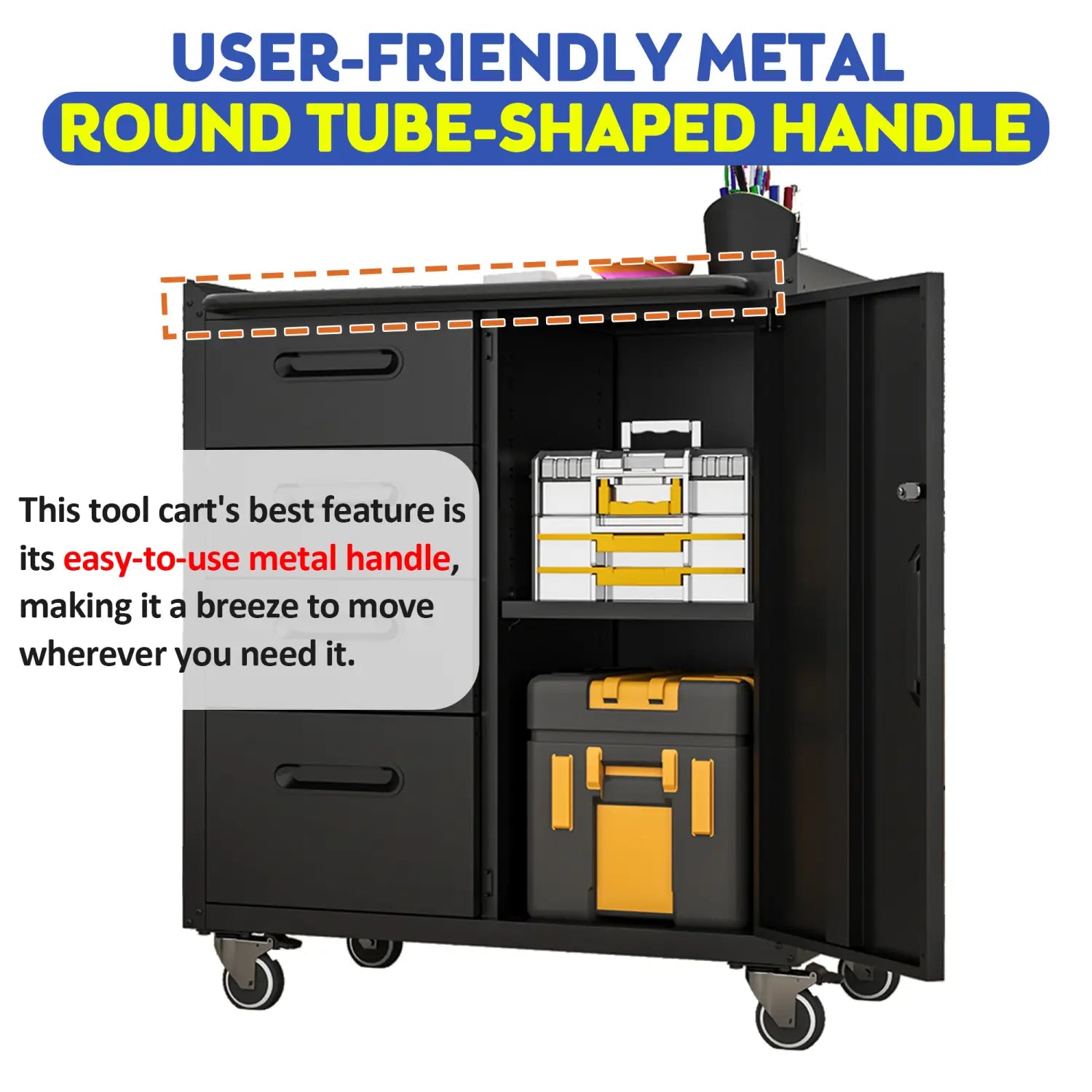 Black metal tool storage cabinet with 4 drawers, wheels, round tube-shaped handle, and yellow storage bins inside.