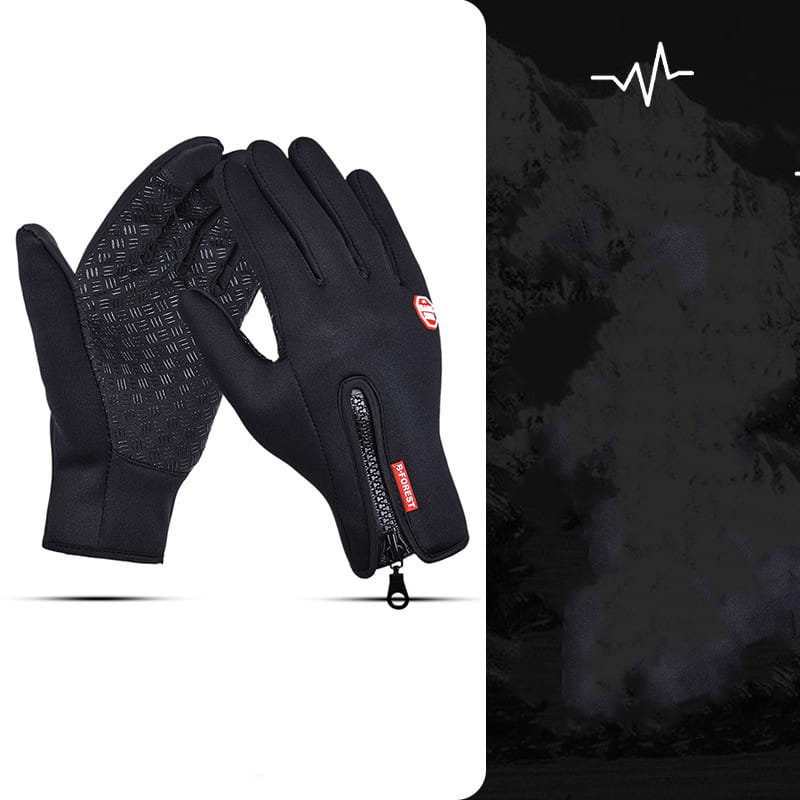 black windproof touchscreen winter gloves for men and women with textured grip on palms and fingers and zipper closure at the wrist shown from the back side