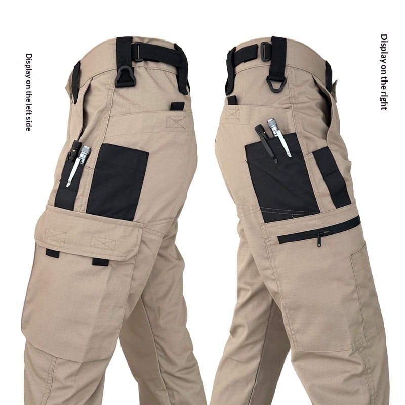 Beige tactical cargo pants for men featuring multiple pockets, black reinforced panels, and durable fabric construction suitable for summer use.