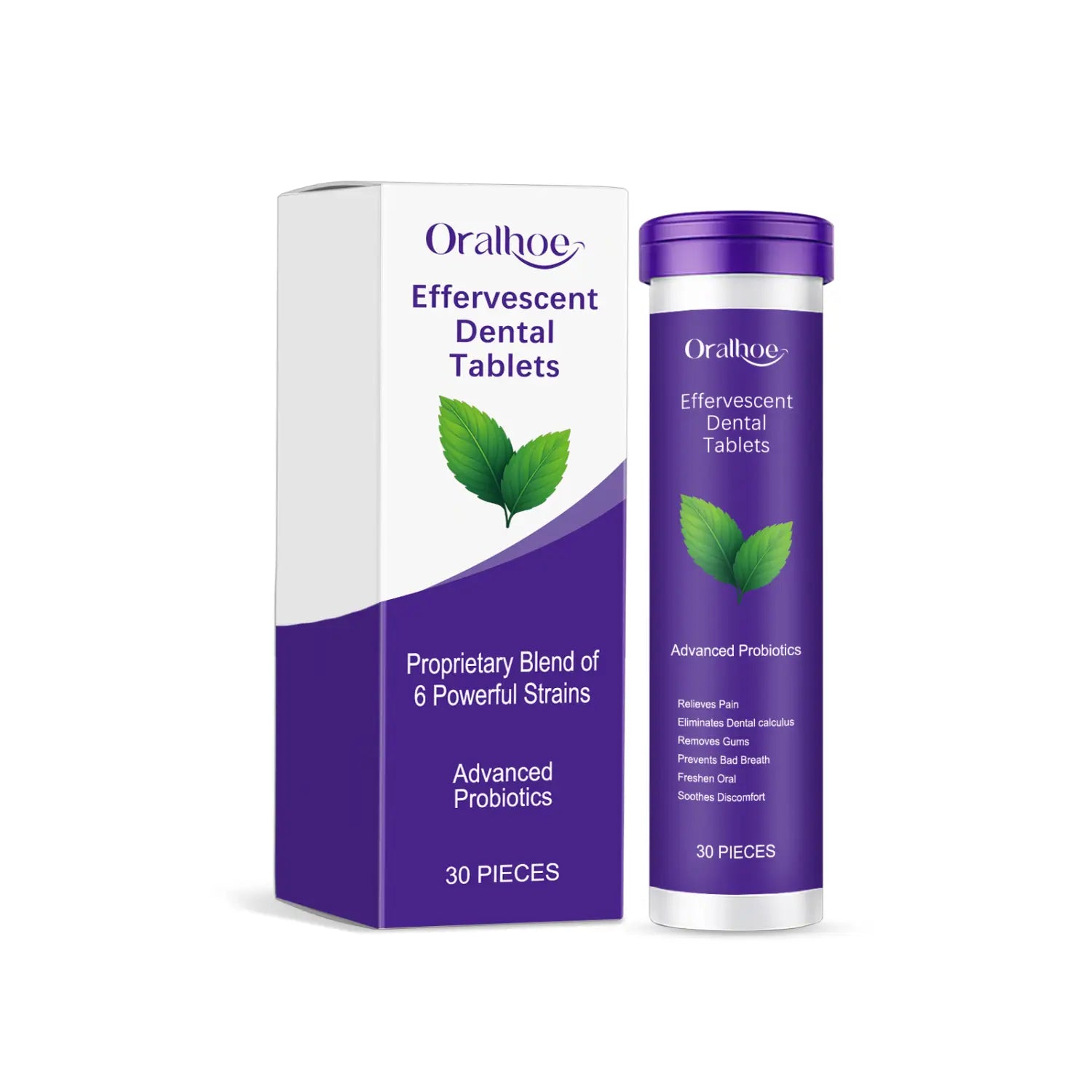 Purple cylindrical tube of toothpaste tablets mint effervescent oral care with 30 pieces featuring a white label with green leaf imagery and a matching purple cap.
