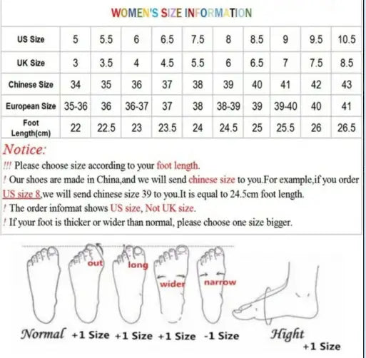 tableau d’informations sur les tailles des femmes avec tableaux de conversion pour les tailles américaines, britanniques, chinoises et européennes, ainsi que des mesures de longueur de pied en centimètres pour les bottines Martin en daim, à lacets et à fermeture éclair au niveau de la cheville