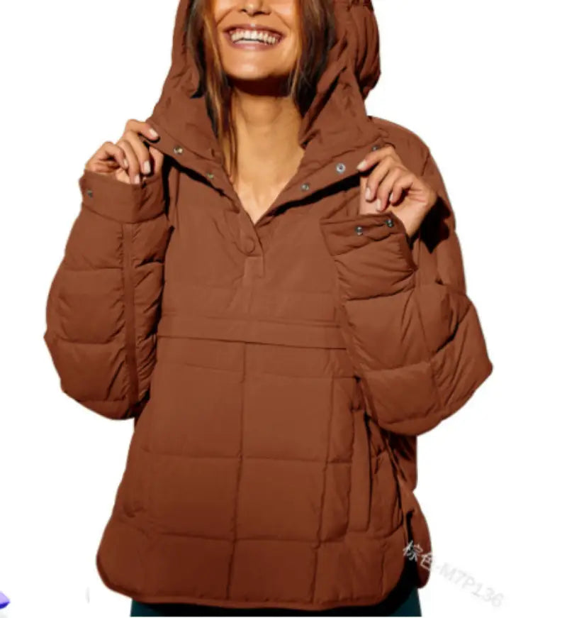 Brown quilted hooded puffer jacket for women with a front zipper and button details.