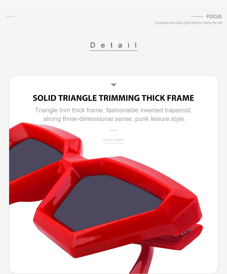 Modern irregular cat eye uv400 geometric sunglasses with a solid triangle-trimmed thick red frame and dark lenses.