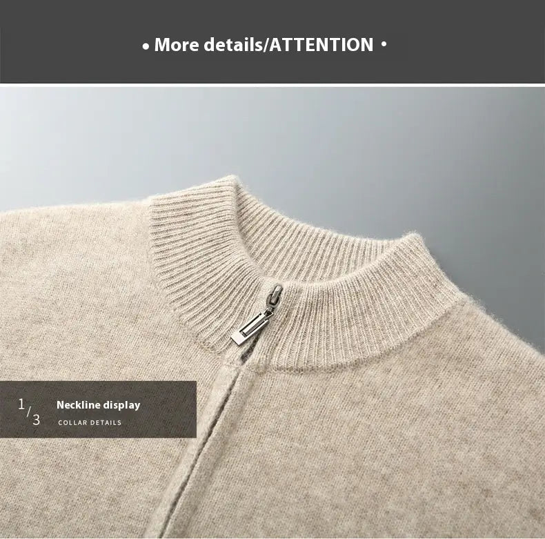 Beige men wool cardigan sweatsuit featuring a knit sweater with a ribbed collar and front zipper.