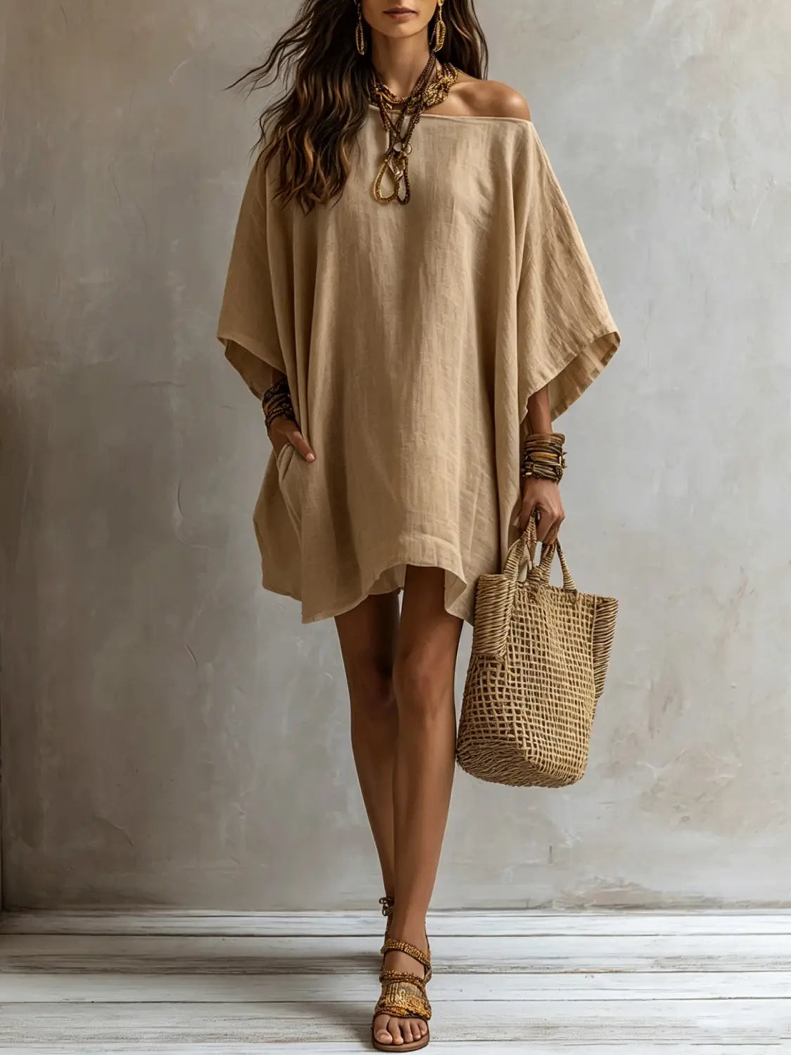Robe en lin beige à épaules dénudées et manches kimono, avec des manches amples et tombantes et une coupe décontractée.