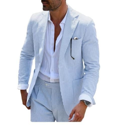 Light blue and white vertically striped corduroy blazer with subtle texture and classic single-breasted design from men casual digital print suit two piece set.