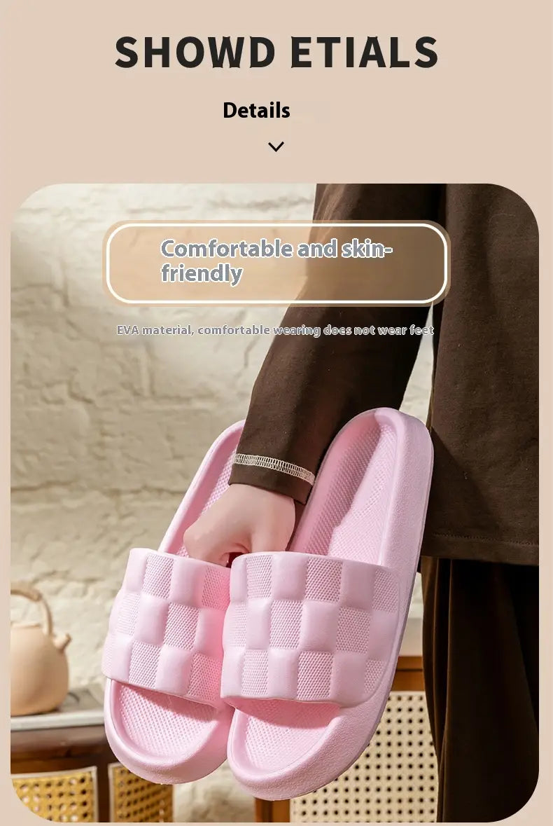 pink quilted eva slide sandals with soft soles and breathable checkered textured straps