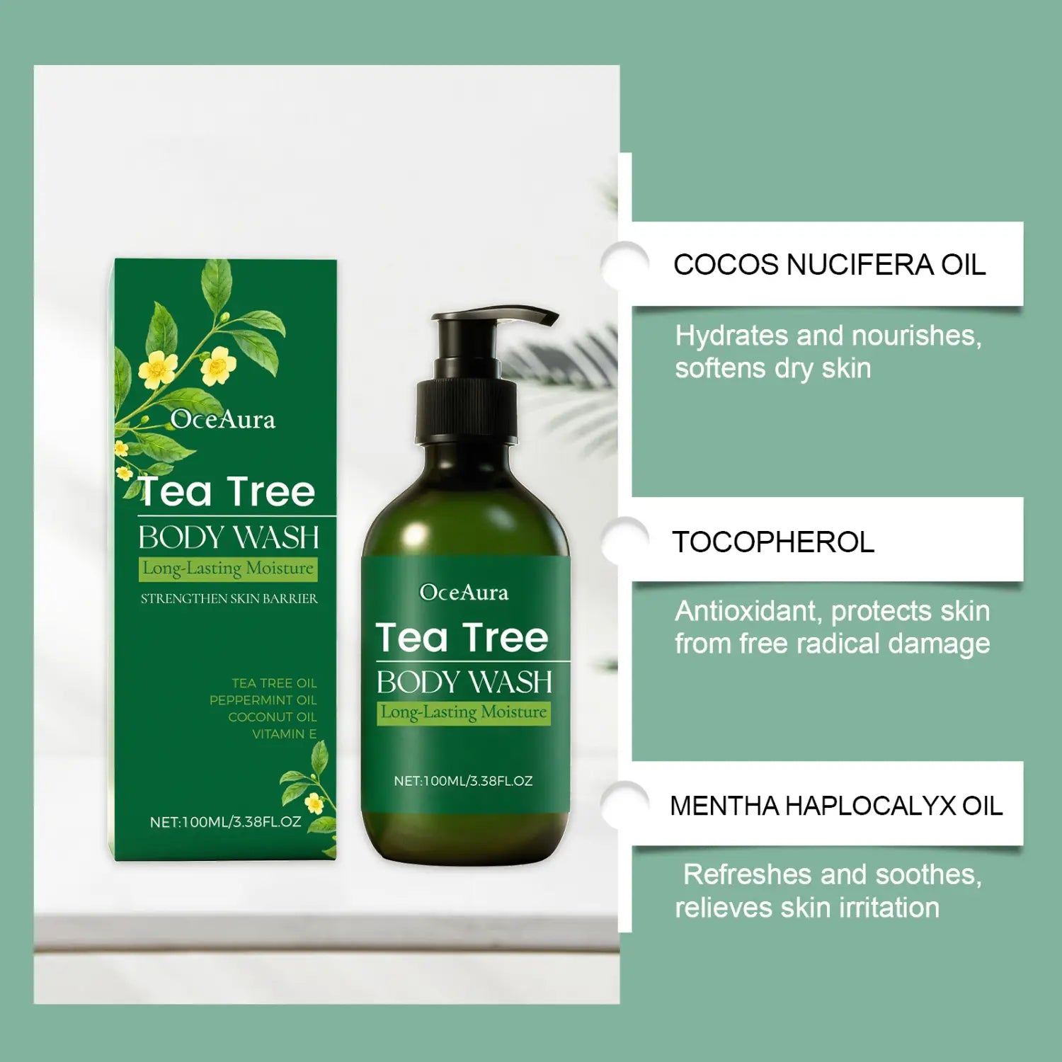 Green glass bottle of Oceaura tea tree body wash with black pump dispenser and moisturizing skin cleanser label featuring yellow flowers 100ml.