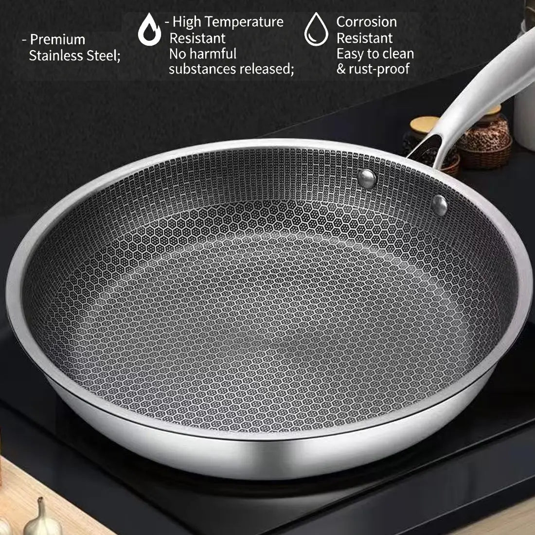 Silver 30cm stainless steel hex nonstick frying pan with a hexagonal patterned cooking surface and a white handle designed for induction cooking.