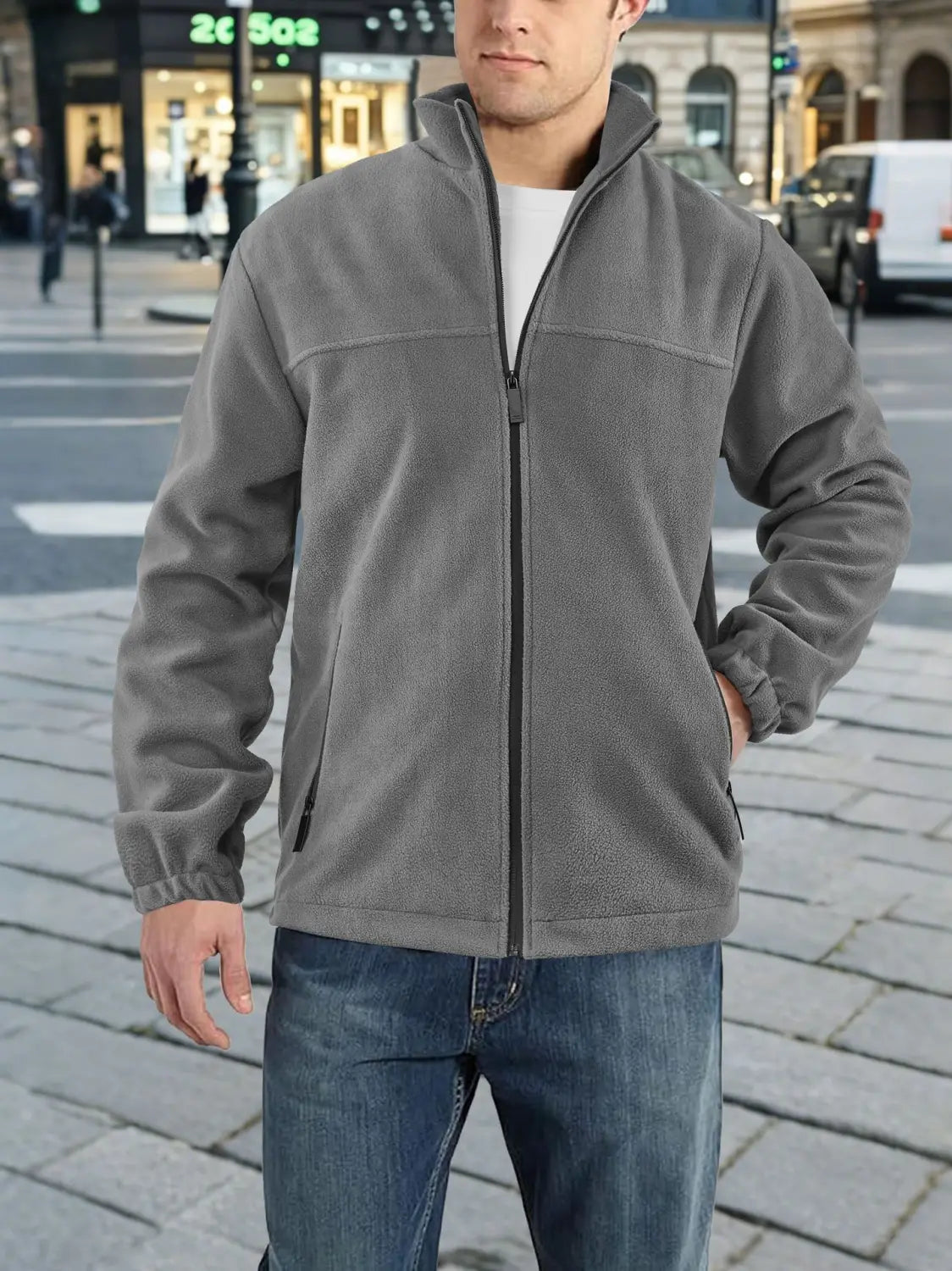 Chaqueta polar para hombre de cierre completo con cuello alto en color gris, con cuello alto y bolsillos delanteros, confeccionada con material de forro polar suave