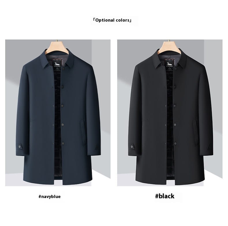 Herren-Winter-Daunenmantel in Navy-Blau, Steppjacke und schwarze Trenchcoats mit Knopfverschlüssen und gefütterten Innenpartien, frontal dargestellt