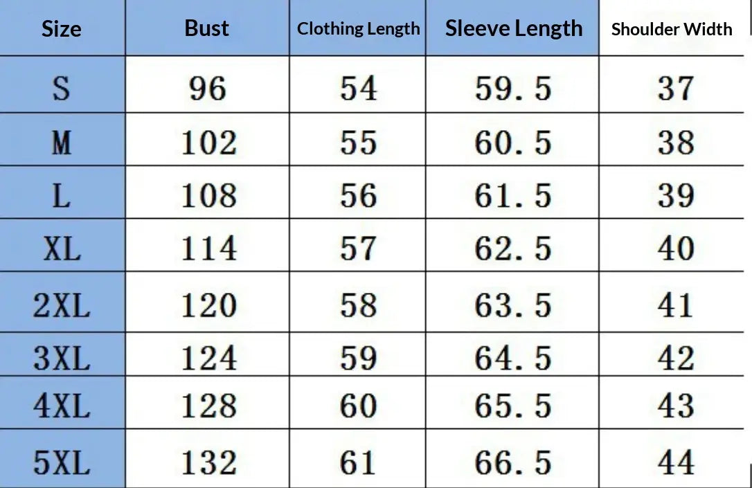 Tableau des tailles pour une veste motard en faux cuir pour femme, en couleur unie, présentant des mesures en centimètres pour les tailles allant de S à 5XL.