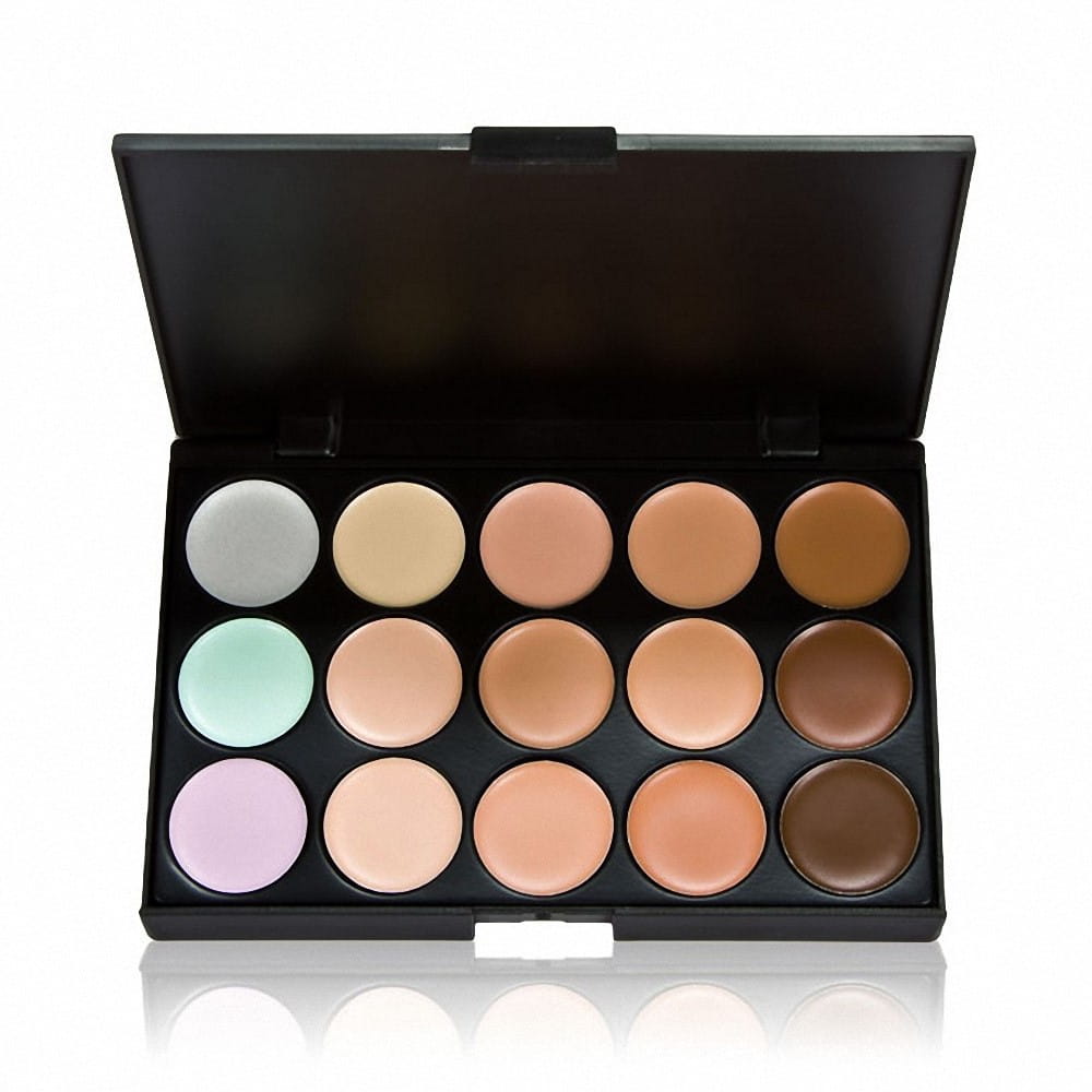 Schwarze Make-up-Abdeckpalette mit 15 runden Einsätzen, mit variierenden Hautton- und Pastelltönen in einem professionellen Make-up-Set mit 15 Abdeckfarben.