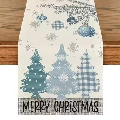 Christmas table runner festive holiday decor 183x33 in cream featuring three stylized teal and blue plaid evergreen trees with hanging ornaments and snowflakes.