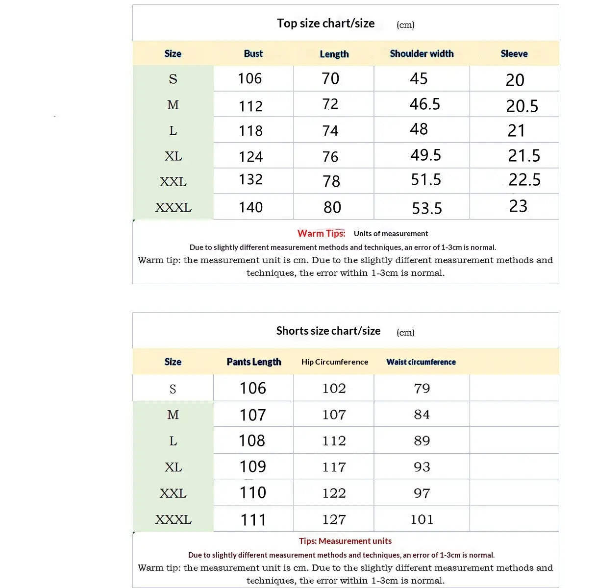 Top size chart in centimeters for men short sleeve polo shirt and pants set showing bust length shoulder width and sleeve measurements for sizes S through XXXL.