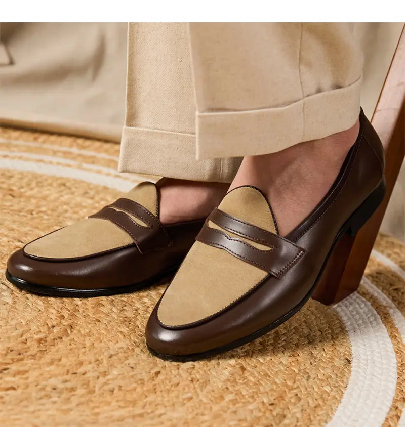 Brown and beige two-tone leather loafers with a chunky wooden block heel in British style perfect for formal and casual wear