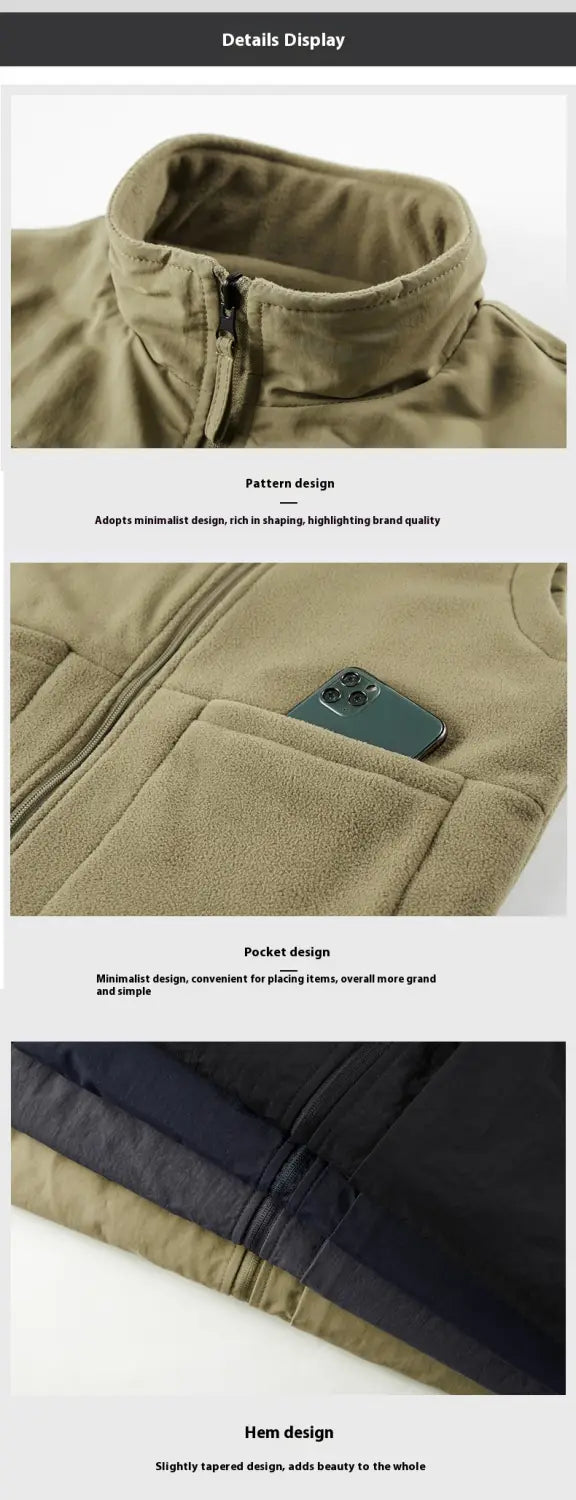 men fleece cargo vest in khaki color made of fleece with a high collar and front zipper featuring two large pockets for convenient storage designed for outdoor outerwear use