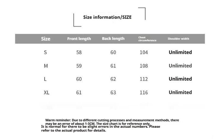 Size information chart in centimeters for plush fleece vest women cozy winter outerwear showing measurements across sizes S through XL.