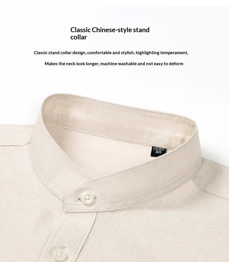 Beige linen men linen mandarin collar slim shirt with a classic Chinese-style stand collar and matching buttons.