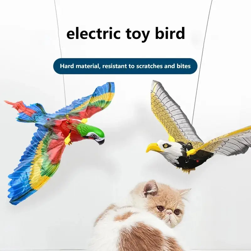 Vibrant hard-plastic interactive flying bird cat toy eagle with colorful feather patterns and detailed wing designs.