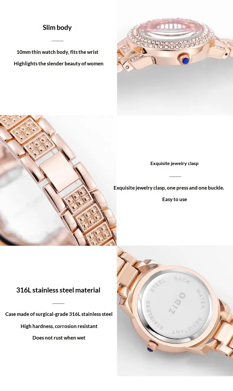 Rose gold Zido diamond encrusted women’s quartz watch with a diamond-encrusted bezel and bracelet made of surgical-grade 316L stainless steel.