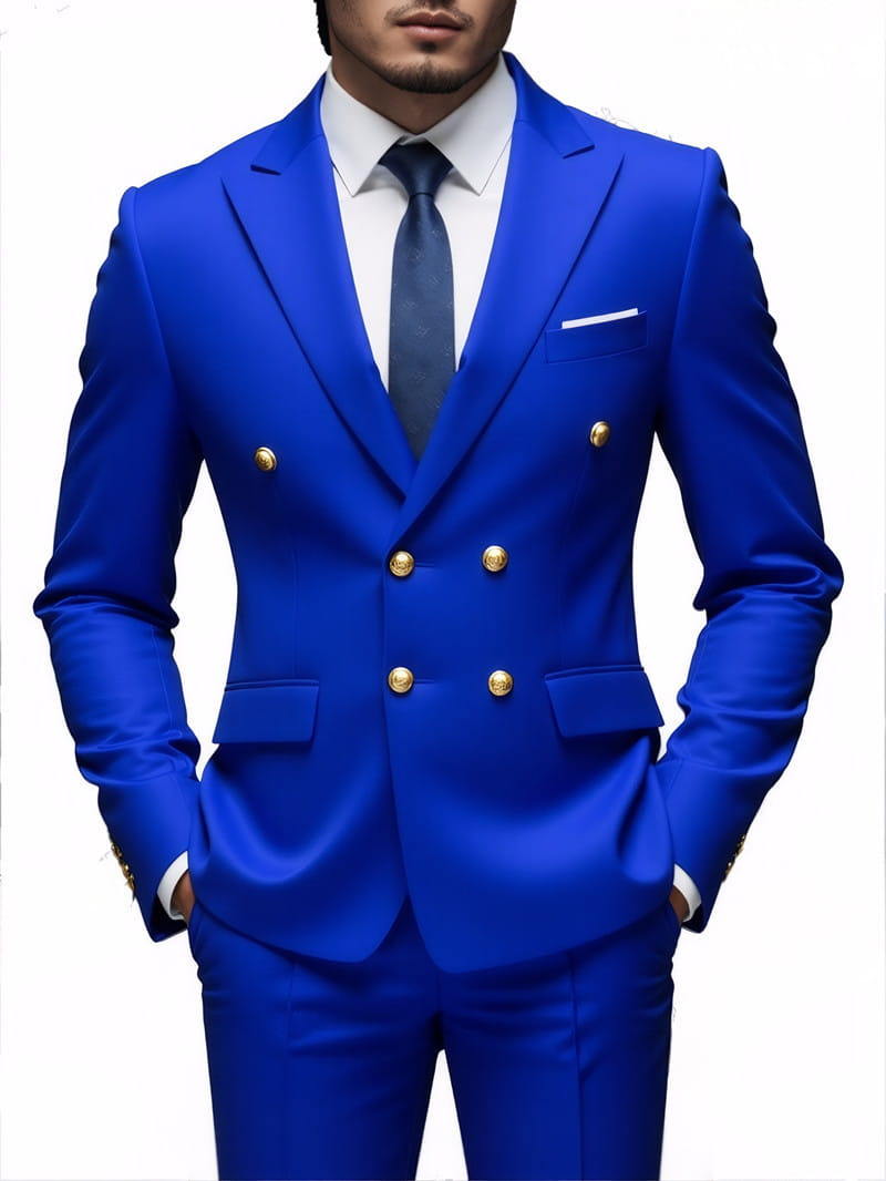 Costume homme non repassable à double boutonnage en bleu royal éclatant, boutons à tonalité dorée et coupe sur mesure.