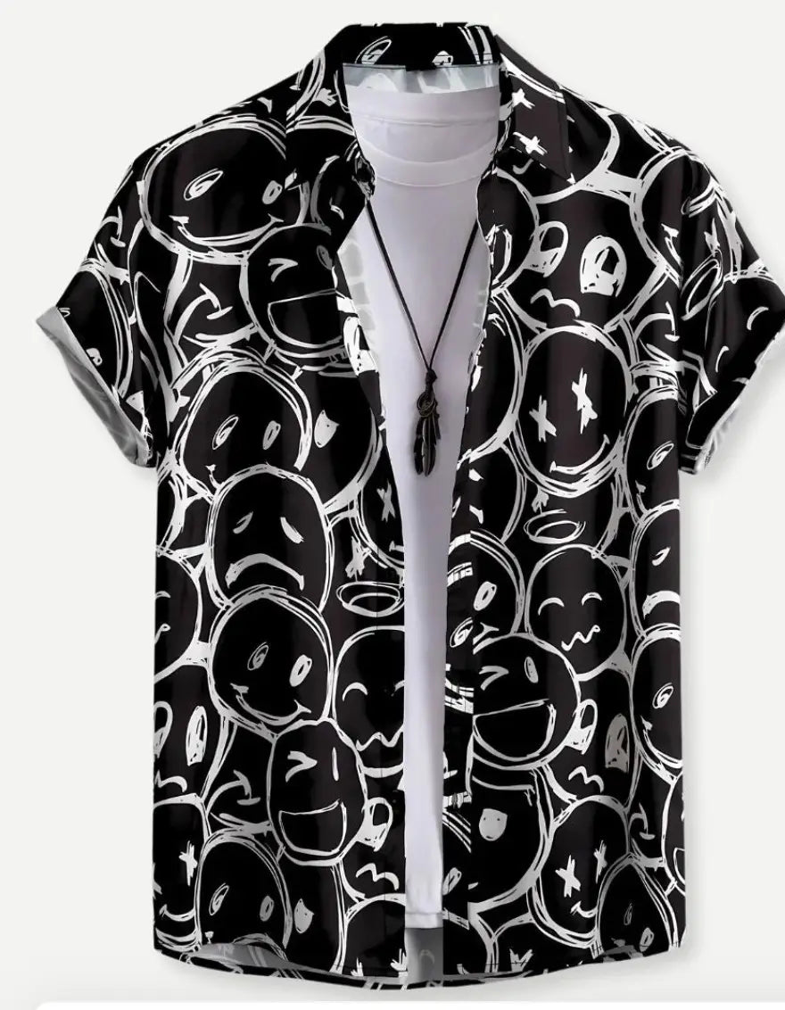 Black short-sleeved floral Hawaiian shirt for men featuring a white doodle-style emoji pattern.