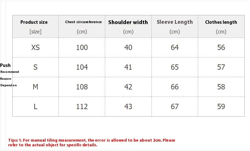 Size chart for hooded puffer cotton coat displaying measurements in centimeters across sizes xs to l.