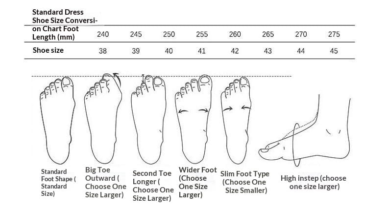 Standard-Konvertierungstabelle für Herrenschuhgrößen mit Fußform-Illustrationen und entsprechenden Größen für Herren-Oxford-Lederschuhe im britischen Stil mit spitzer Kappe.