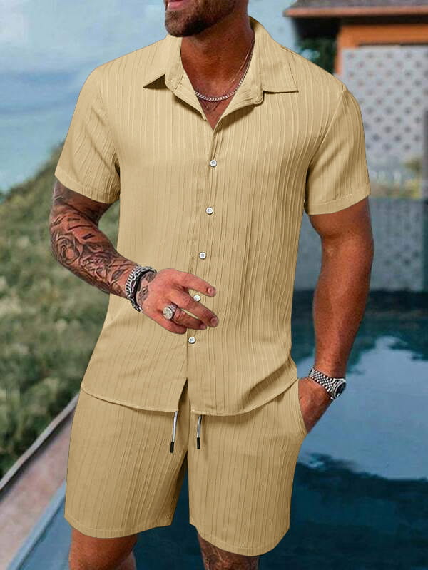 Men’s beige ribbed short sleeve button-up shirt with matching shorts beach set displayed from the front.