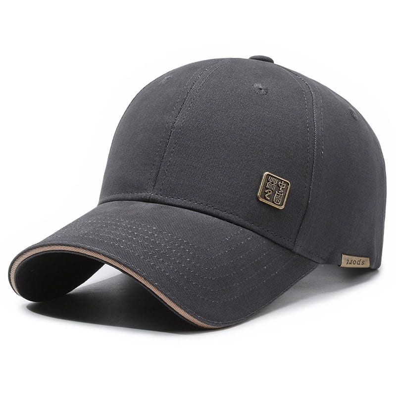 Dark gray men outdoor baseball cap with subtle textured fabric and gold-toned embroidered patches for sun protection.