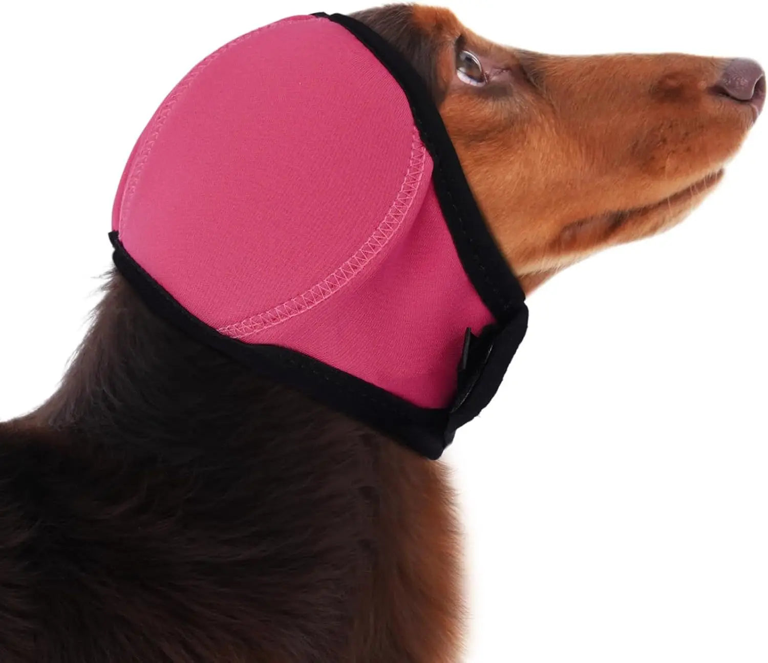 cache-oreille de chien en néoprène rose à bordure noire, conçu comme bonnet de bain pour la protection des oreilles