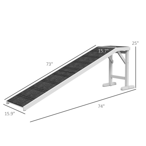 Rampa para cama de perro con estructura blanca y superficie de alfombra negra antideslizante con textura para un acceso seguro de las mascotas.