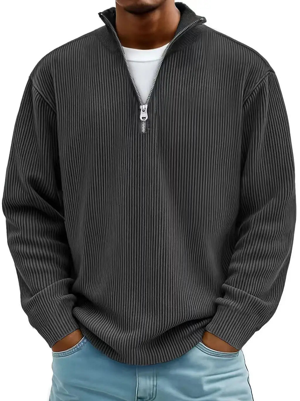 Men’s ribbed knit half zip corduroy polo sweatshirt in dark gray with a silver zipper pull.