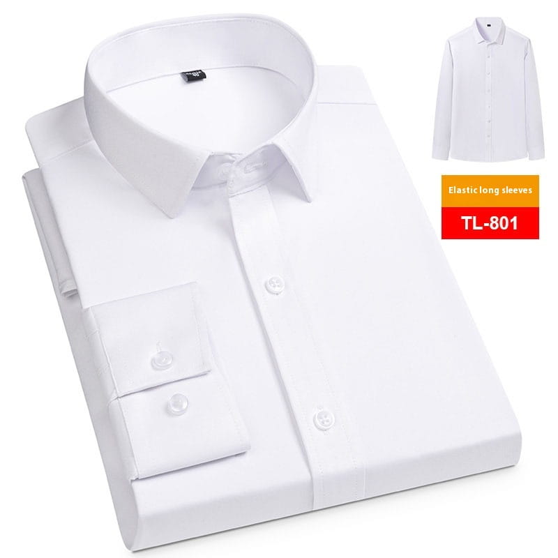 Ein weißes Herren Business-Casual Stretch-Kleidhemd mit elastischen langen Ärmeln und klassischem Kragen.