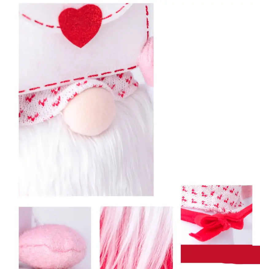 Valentinstag-Gnom-Plüsch, Rudolph-Puppe, Deko-Ornament mit einer weißen Filzmütze mit einem roten, glitzernden Herzen und genähten Details, mit einem gestrickten Schal, der mit kleinen Herzen gemustert ist.