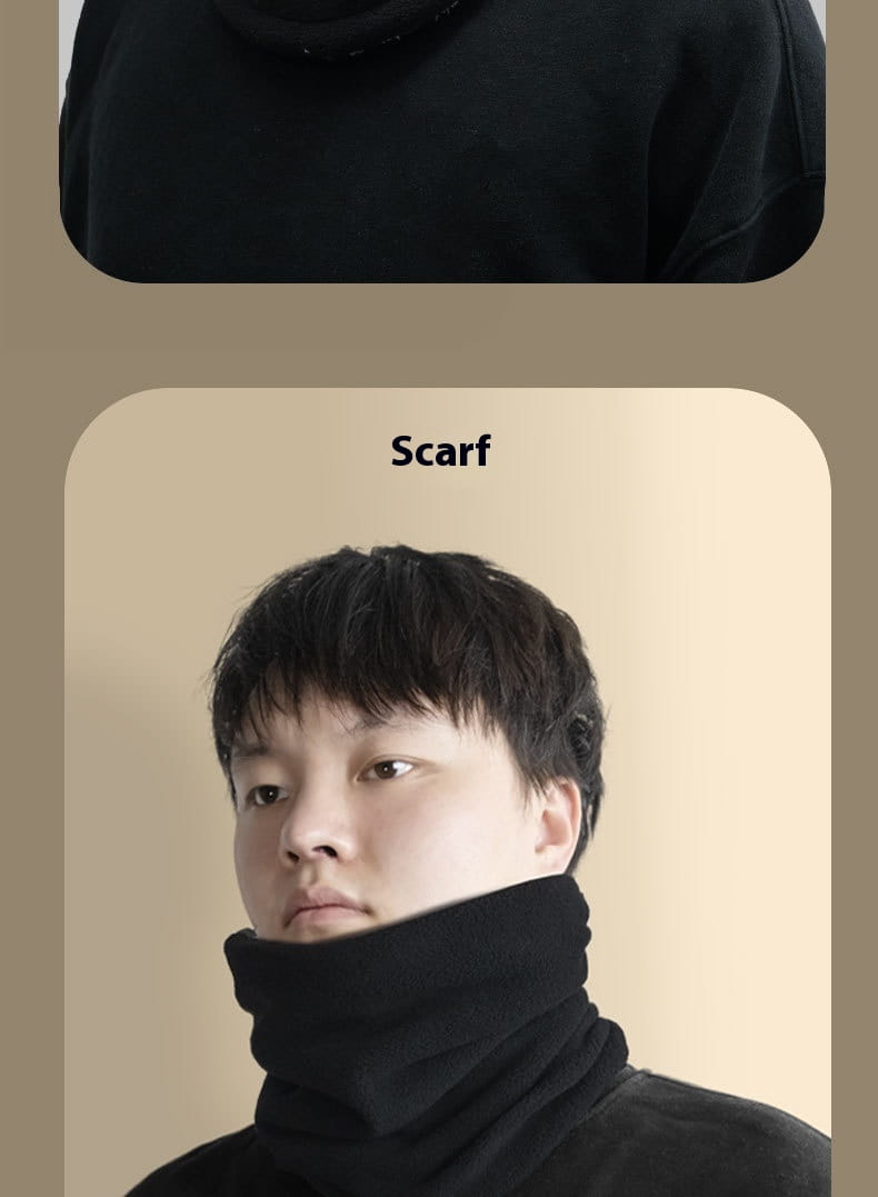 black fleece hooded balaclava winter thermal hat worn around the neck as a black turtleneck scarf