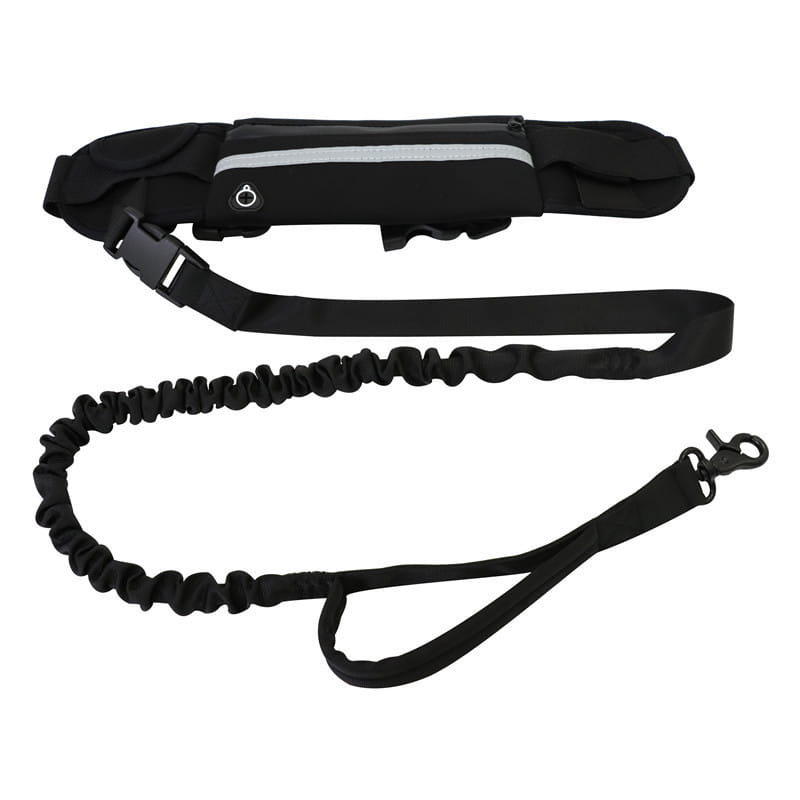 Juego de cinturón para caminar al perro sin manos y correa deportiva negra que incluye una riñonera con franja reflectante y correa ajustable, junto con una correa elástica negra a juego con gancho metálico.