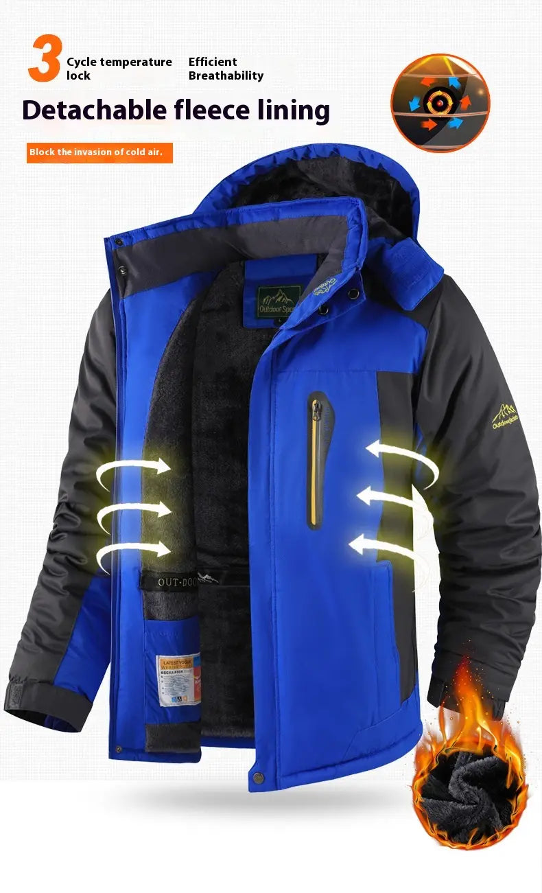 Herren-Fleece-gefütterte Winterjacke in Blau und Schwarz mit abnehmbarer Kapuze und dickem Baumwollmaterial für kaltes Wetter.