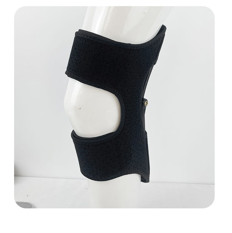 Soporte para rodillera elevadora negra de neopreno con correas ajustables y hebilla metálica, diseñado para trepar y correr.
