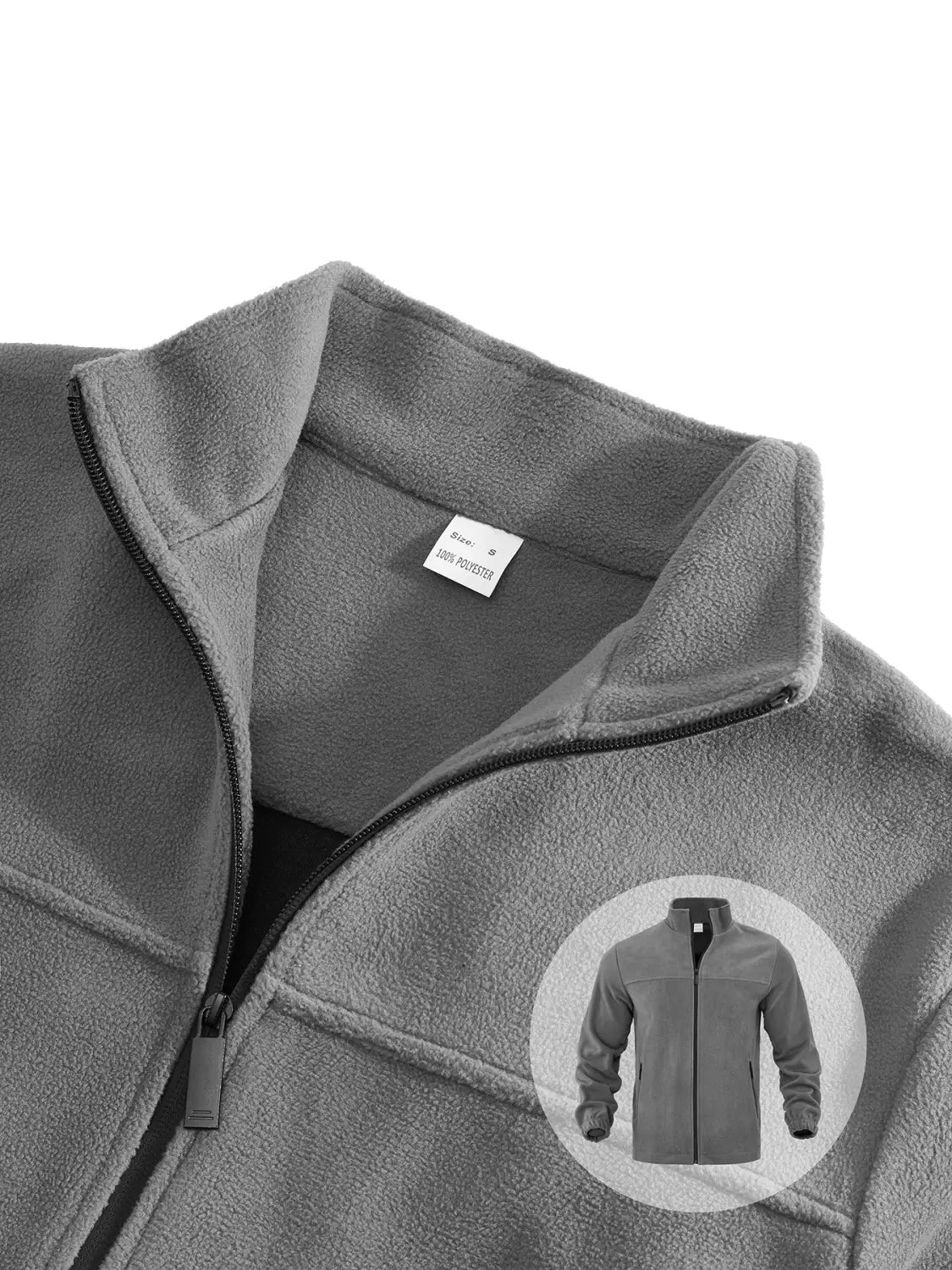 Chaqueta polar para hombre de cierre completo con cuello alto en color gris, con un cuello alto y cremallera negra.