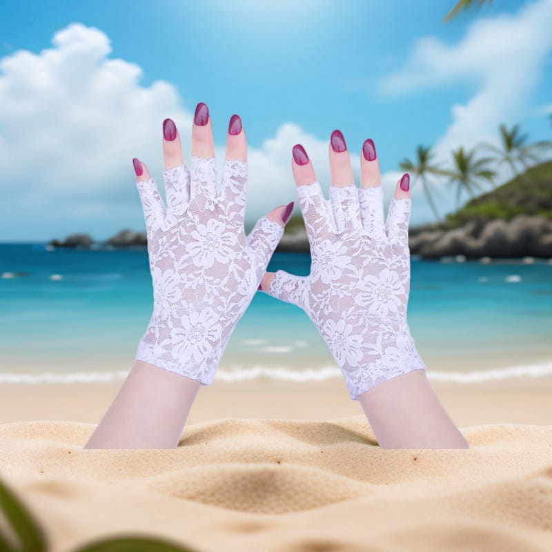white floral lace fingerless gloves showing the back side designed for sun protection for women