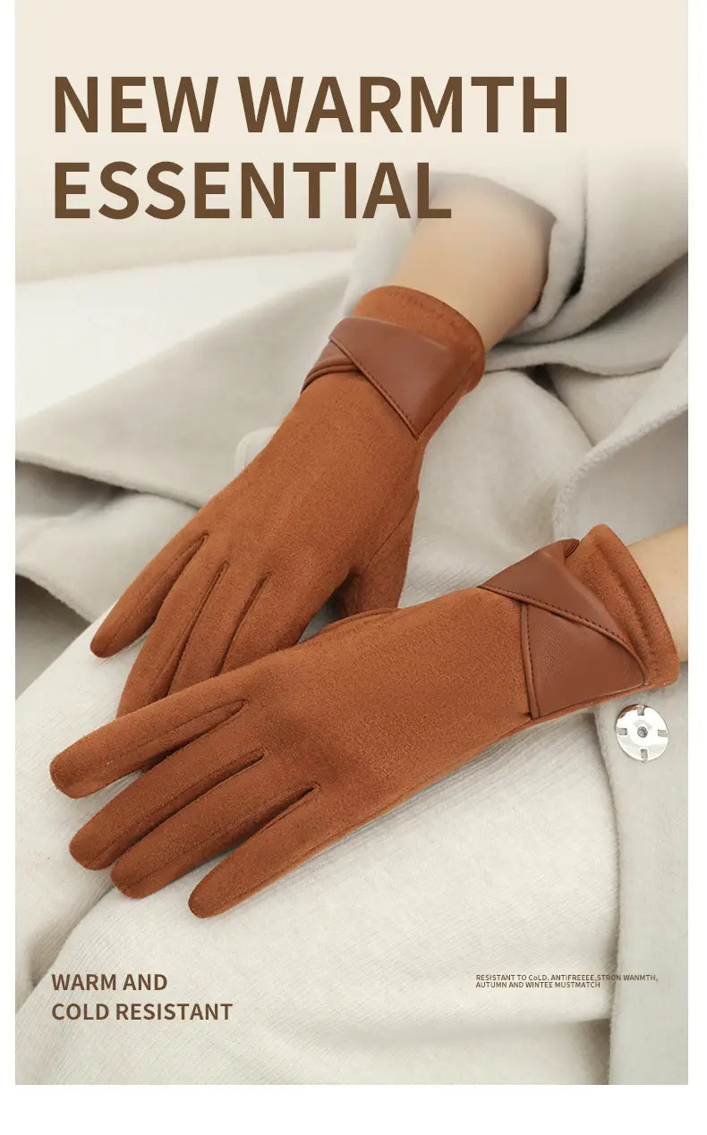 brown suede touchscreen fleece lined bow gloves with contrasting tan leather cuff and decorative button detail shown from the back side