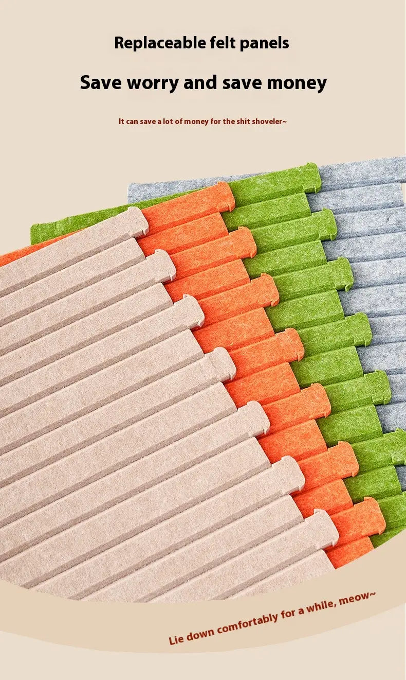 Wendbare Filzplatten in Beige, Orange und Grün aus Sisal zur einfachen Ersetzung am vertikalen Filz-Wandkratzbrett für Katzenkratzbretter.