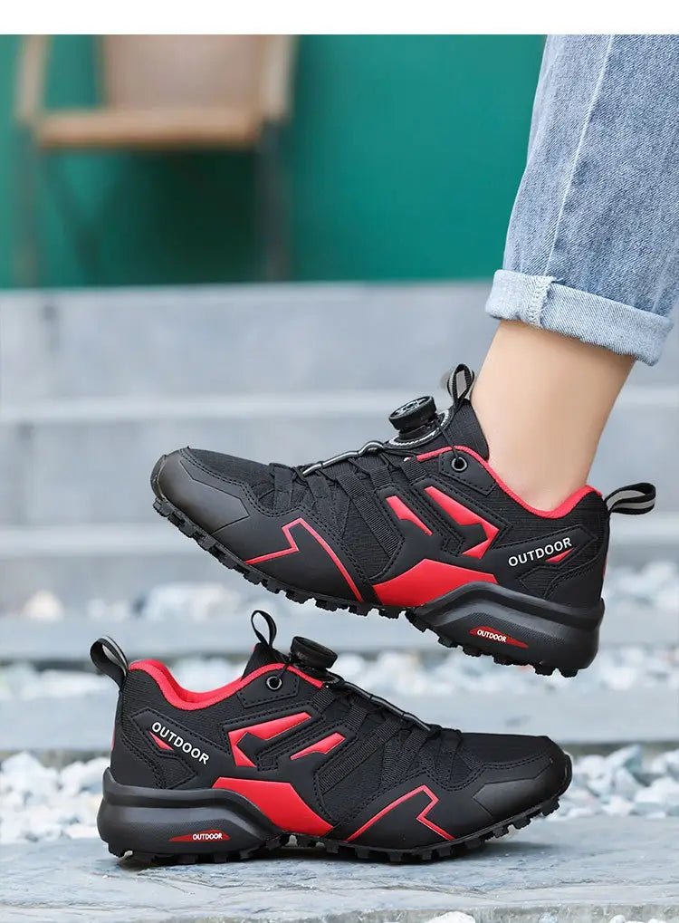 X111 lightweight off-road breathable hiking shoes in black and red feature a rugged design with breathable mesh panels and durable rubber soles for outdoor use.