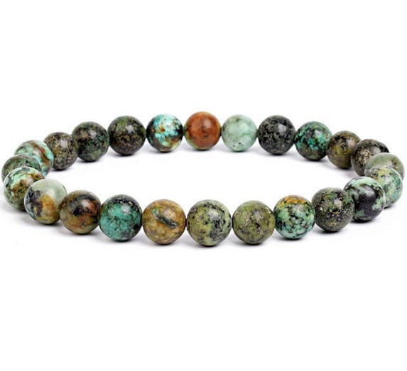 A unisex 8mm polished agate and amethyst stretch bracelet featuring round stones with a natural green and brown marbled pattern.